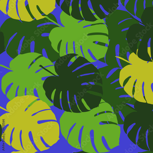 Tropic leaves pattern on blue background. Seamless ornament for textile, wallpaper and cover design.   Vector illustration of philodendron leaf. Green and yellow monstera.