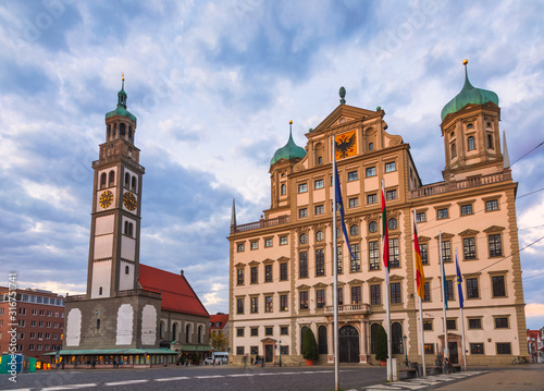 Perlach Tower and Town Hall at Rathausplatz Augsburg Swabia Bavaria Germany