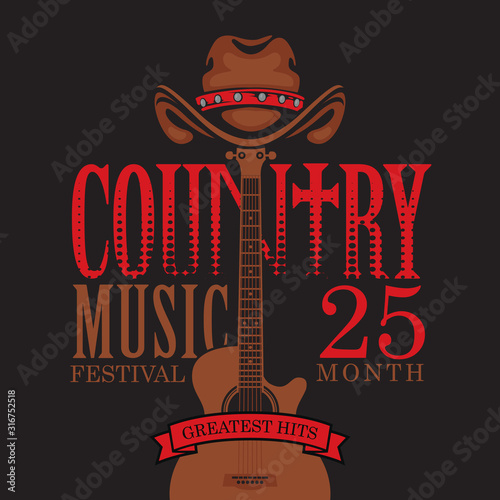 Vector poster for country music festival with brown cowboy hat and guitar, on a black background with red inscriptions in retro style