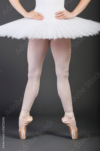 Low section of young female ballet dancer wearing white tutu and ballet slippers