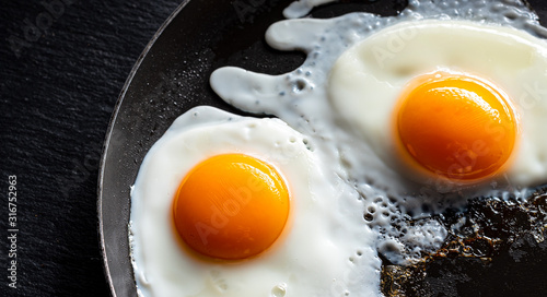 Fried eggs in a pan. Black background