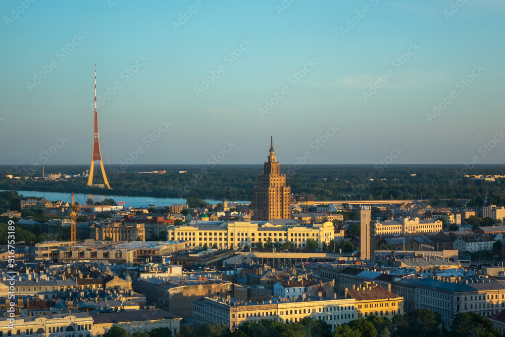 Panoramic aerial view Academy of Sciences and Riga Radio and TV Tower.
