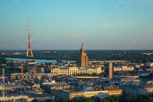 Panoramic aerial view Academy of Sciences and Riga Radio and TV Tower. © artjazz