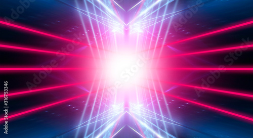 Modern abstract neon background. Blue and pink neon light, rays, lines, abstract light. Empty background, scene, poster. Light tunnel.