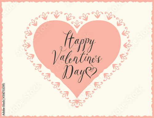 Romantic vector greeting card or banner with a pink heart and the inscription Happy Valentine's day. Valentine with a pattern on the edge of the heart in retro style