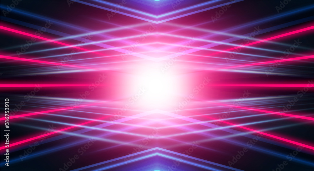 Obraz premium Modern abstract neon background. Blue and pink neon light, rays, lines, abstract light. Empty background, scene, poster. Light tunnel.