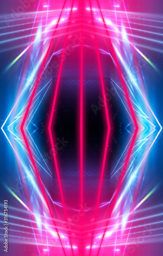 Modern abstract neon background. Blue and pink neon light, rays, lines, abstract light. Empty background, scene, poster. Light tunnel.