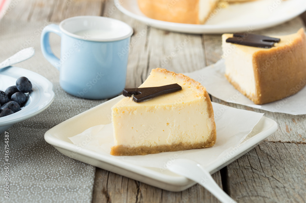 Delicious slice of new york cheesecake with word on white background. Sweet and tasty food, coffee break concept. Classic american dessert. Delicious slice of new york cheesecake with word on white background. Sweet and tasty food, coffee break concept. Classic american dessert.
