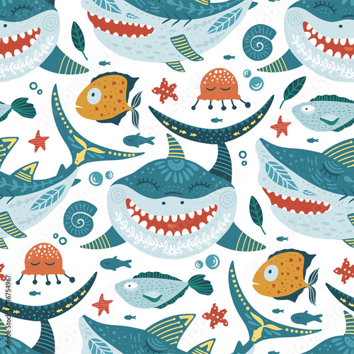 Seamless vector pattern with cute cartoon funny shark fish in a flat scandinavian style. Kid underwater fabric graphic illustration on a white background. Baby shark Doo Doo Doo.