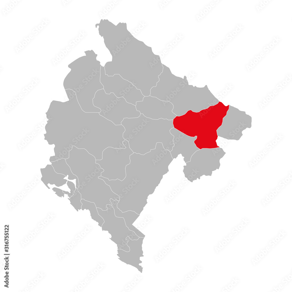Berane province highlighted on montenegro map. Gray background.