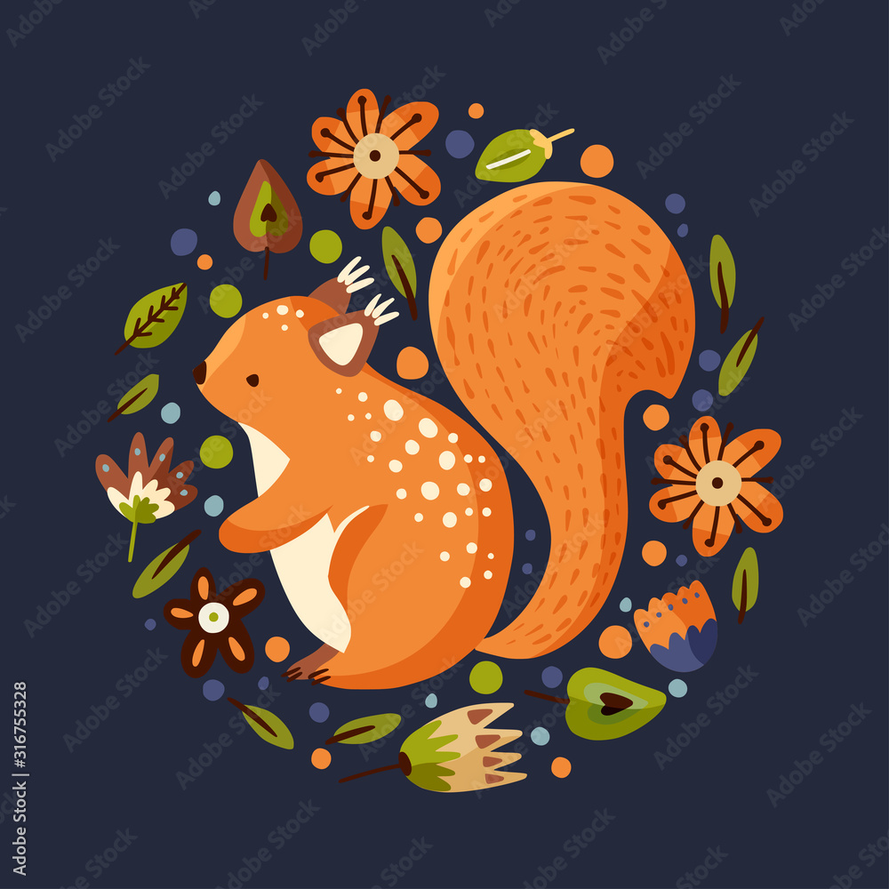 Squirrel cute forest illustration in a flat style. Funny woodland art. Ornate vector illustration.