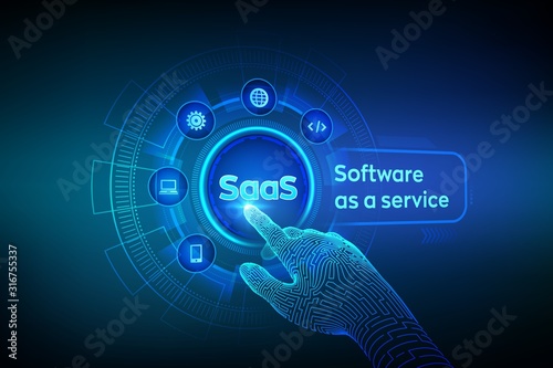 SaaS. Software as a service. Internet and technology concept on virtual screen. Development Concept. SAAS Computing IOT Industry. Robotic hand touching digital interface. Vector illustration.