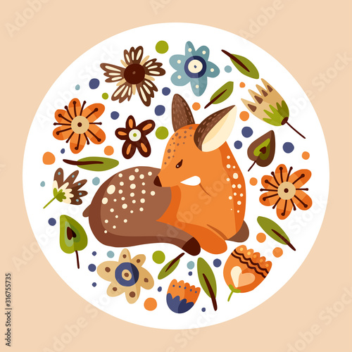 Cute vector illustration with a little fawn woodland animal in a flat style. Forest nature round reindeer postcard with botanical floral elements - flowers and foliage.