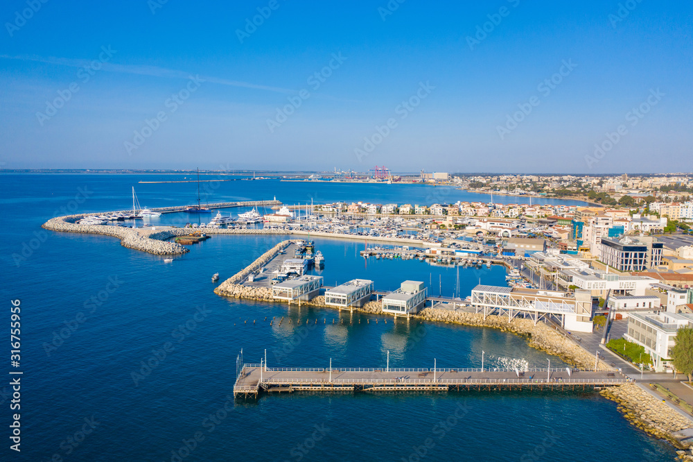 Cyprus. Limassol. Yacht Club in Cyprus. The pier of the city of Limassol. Yacht club in Limassol top view. Berth in the resort of the Republic of Cyprus. Yacht Holidays in the Mediterranean.