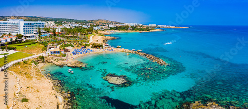 Protaras. Cyprus. Kalamis. Paralimni harbor top view. The picturesque harbor in Protaras. Pratoras city with quadcopter. Holidays in Cyprus. Boat Parking. Mediterranean Sea. Republic of Cyprus. photo
