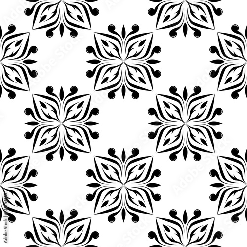 Floral seamless pattern. Black flowers on white background