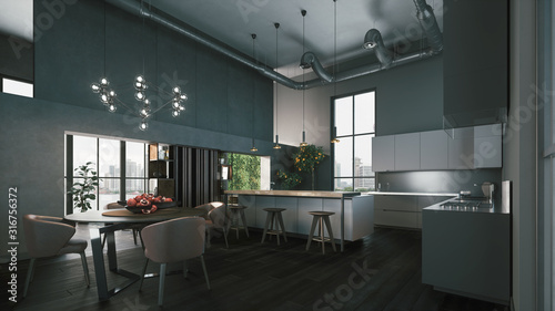 Modern kitchen studio. Dark grey interior. 3d illustration