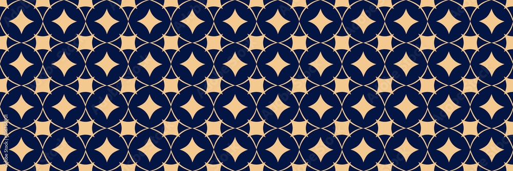 Naklejka premium Geometric print. Golden pattern on long dark blue seamless background