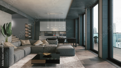 Modern living room with kitchen. 3d illustration