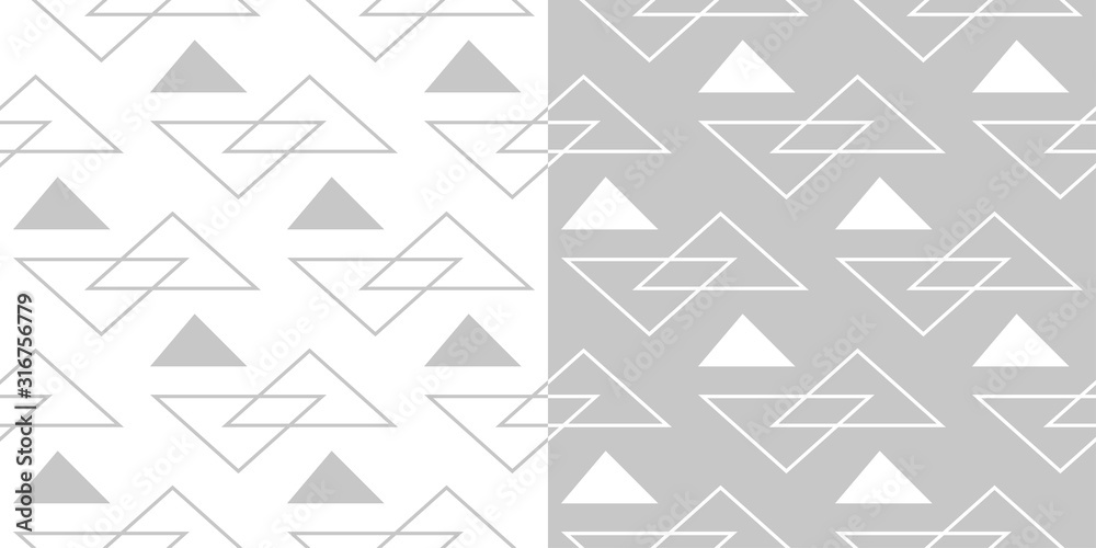Geometric seamless patterns. Compilation of gray and white triangle designs Geometric seamless patterns. Compilation of gray and white triangle designs