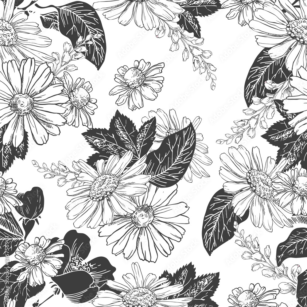 Seamless pattern with hand drawn black and white chamomiles, bluebells and leaves on abstract black background Seamless pattern with hand drawn black and white chamomiles, bluebells and leaves on abstract black background