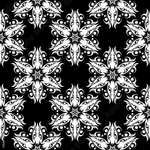 Floral seamless pattern. White design on black background