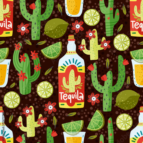 Tequila drink vector seamless pattern. Mexican alcohol traditional short with lime cactus and flowers.