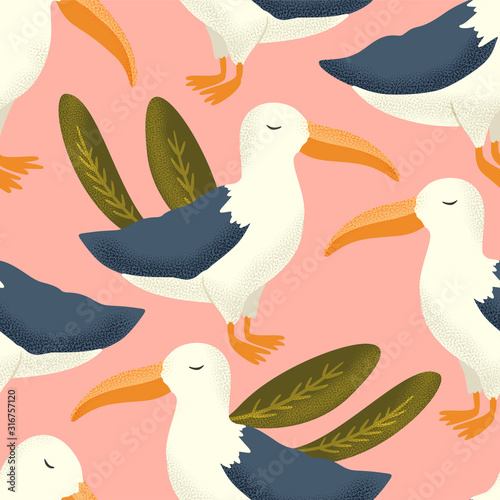 Vector textured albatross animal seamless pattern in a flat style. Romantic wild albatros bird couple hand drawn illustration.