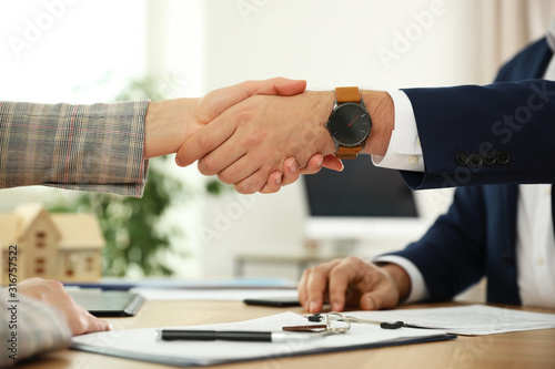 Real estate agent shaking hands with client in office, closeup