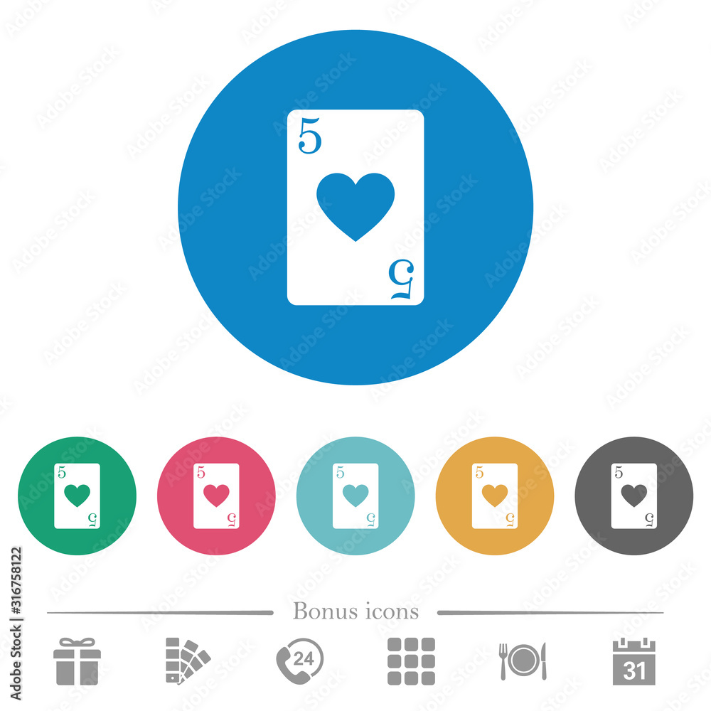 Five of hearts card flat round icons Five of hearts card flat round icons