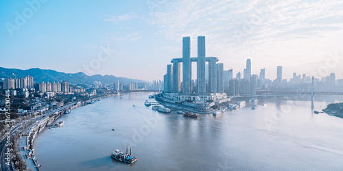 High-view sunny scenery of Chaotianmen Pier, Chongqing, China photo