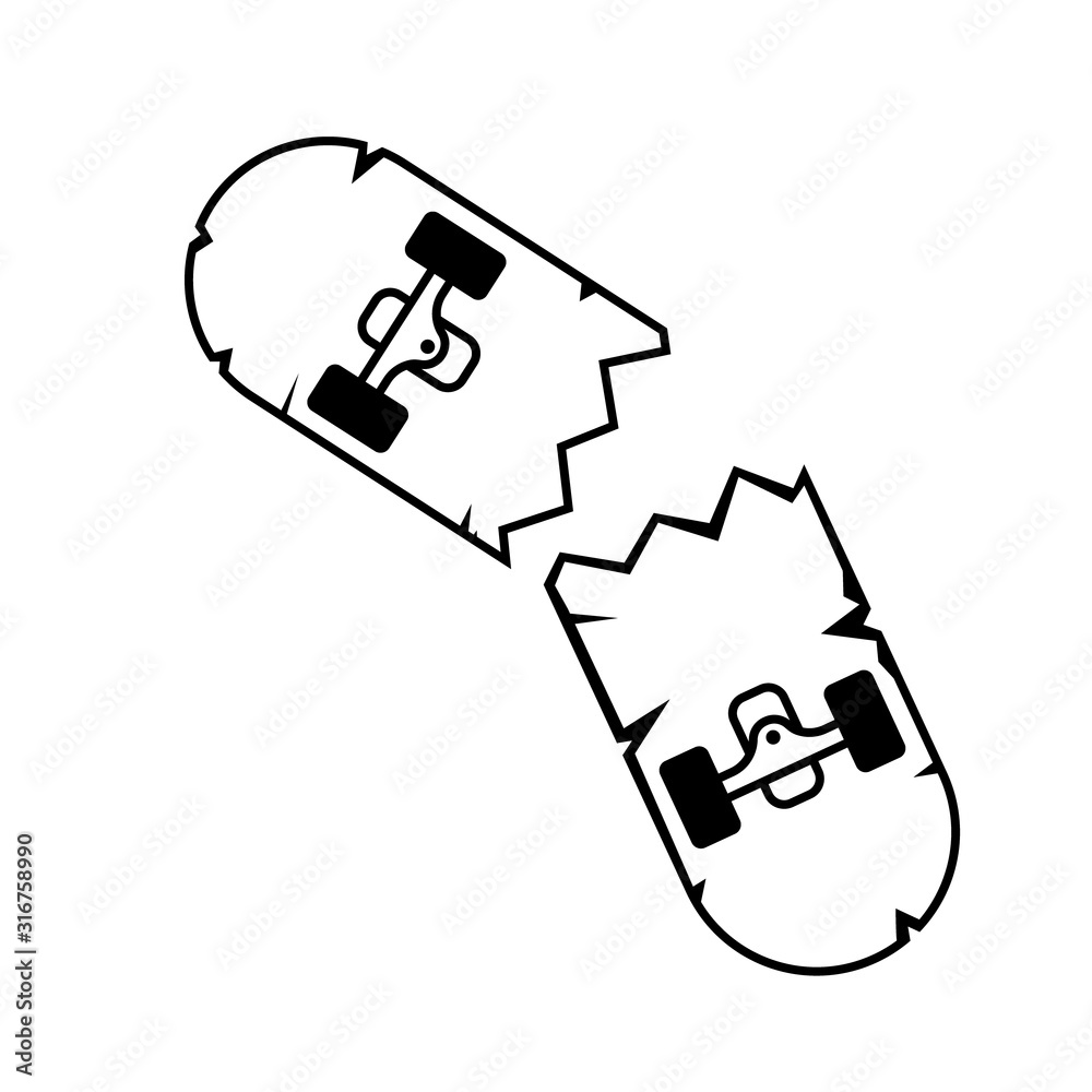 Broken skateboard icon. Clipart image isolated on white background Broken skateboard icon. Clipart image isolated on white background