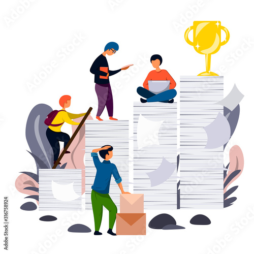 A team of people strives for success. Achieving goals, training, work and search. Illustration of a working day.