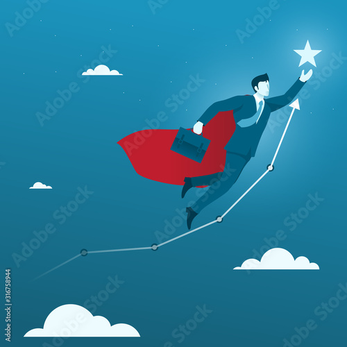 Fly High to the Goal. Flat Businessman Flying to the Star Target Goal