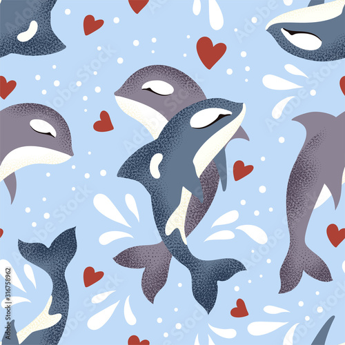 Vector textured killer whale seamless pattern in a flat style. Romantic dolphin animal couple hand drawn illustration.
