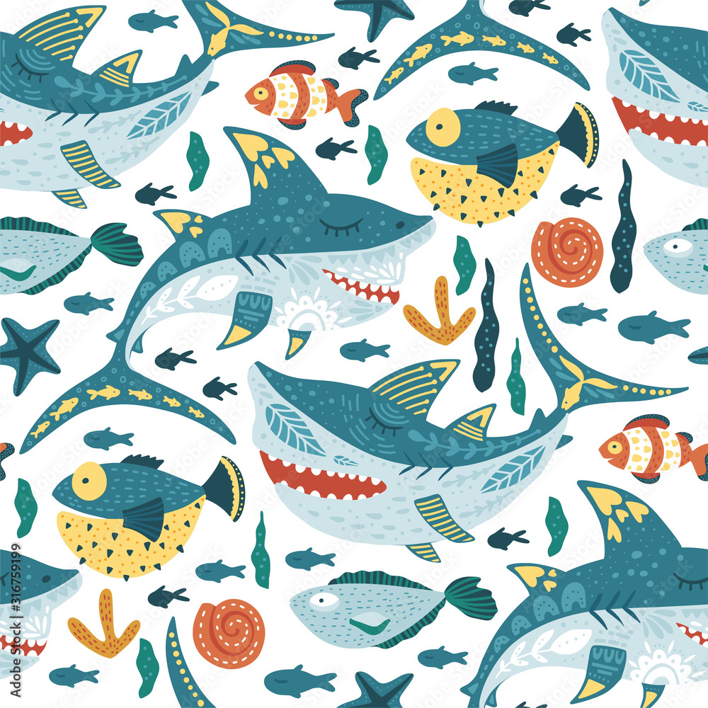 Seamless vector pattern with cute cartoon funny shark fish in a flat scandinavian style. Kid underwater fabric graphic illustration on a white background. Baby shark Doo Doo Doo. Seamless vector pattern with cute cartoon funny shark fish in a flat scandinavian style. Kid underwater fabric graphic illustration on a white background. Baby shark Doo Doo Doo.