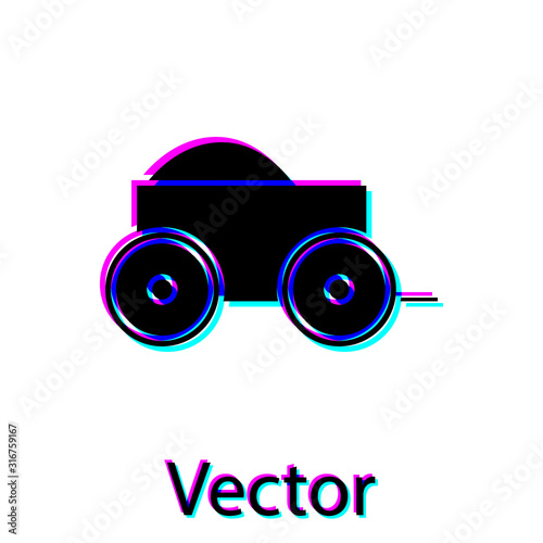 Black Wooden four-wheel cart with hay icon isolated on white background. Vector Illustration
