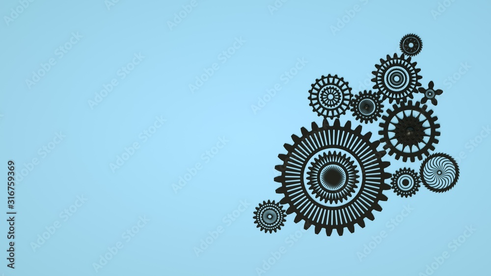 Abstract 3D Geometrical Design. Arrangement of black gears on blue background. Copy space. Minimal concept. 3d render. Concept of cooperation, business mechanism and teamwork Abstract 3D Geometrical Design. Arrangement of black gears on blue background. Copy space. Minimal concept. 3d render. Concept of cooperation, business mechanism and teamwork
