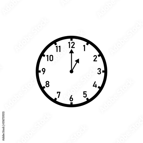 Wall clock displaying 1:00 o'clock. Clipart image isolated on white background