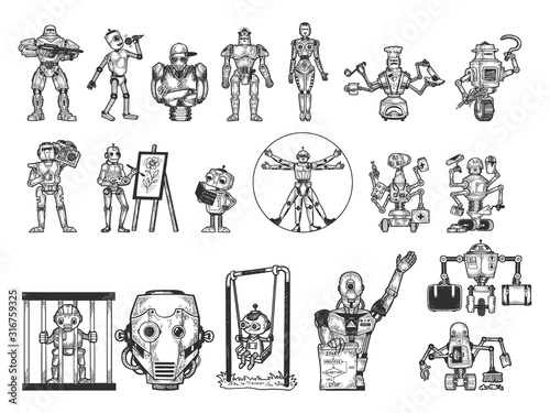 Robots set sketch engraving vector illustration. T-shirt apparel print design. Scratch board imitation. Black and white hand drawn image.