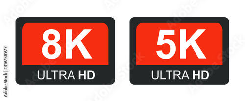 8k full hd and 5k hd. Modern technology signs. Vector illustration symbol Monitor display Label