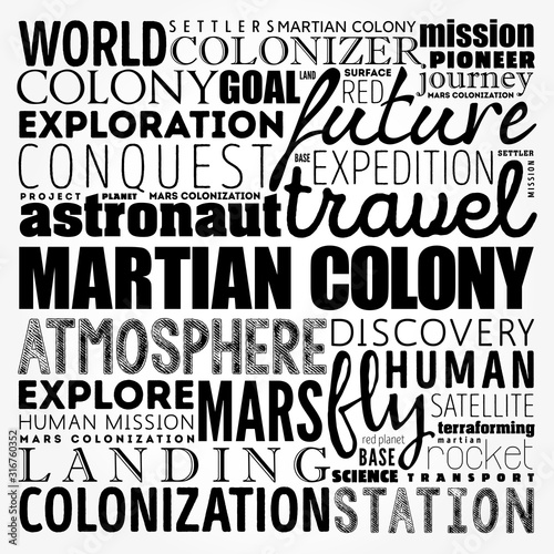 Martian colony word cloud collage, science concept background