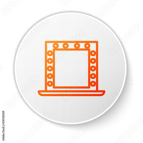 Orange line Makeup mirror with lights icon isolated on white background. White circle button. Vector Illustration