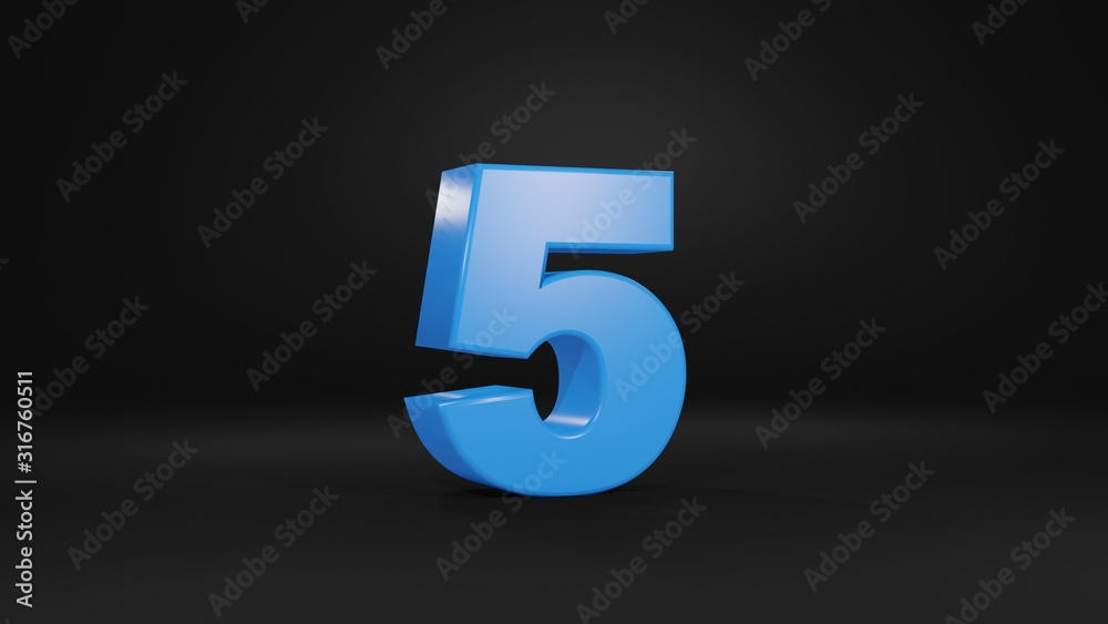 Number 5 in blue on black background, 3D illustration