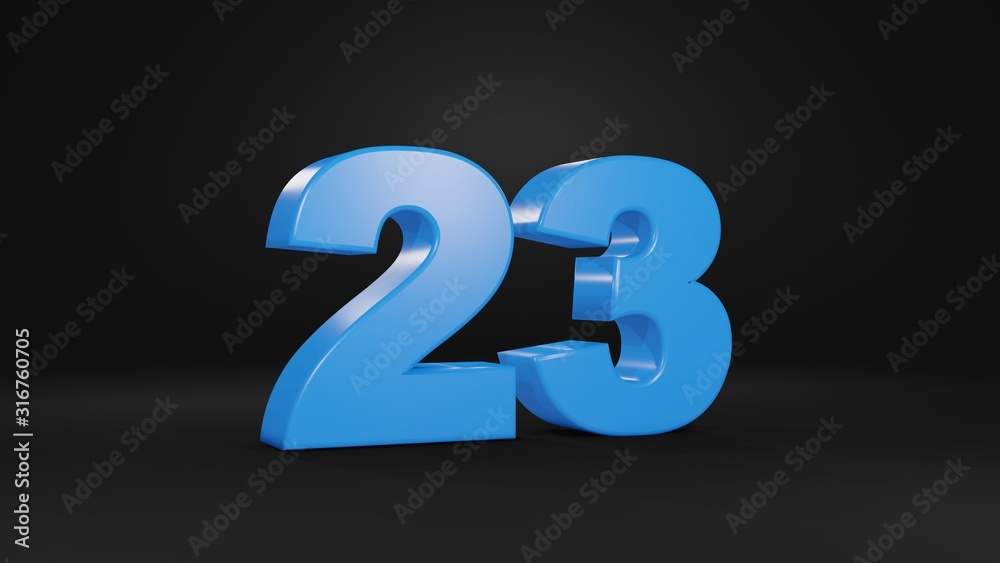 Number 23 in blue on black background, 3D illustration Number 23 in blue on black background, 3D illustration