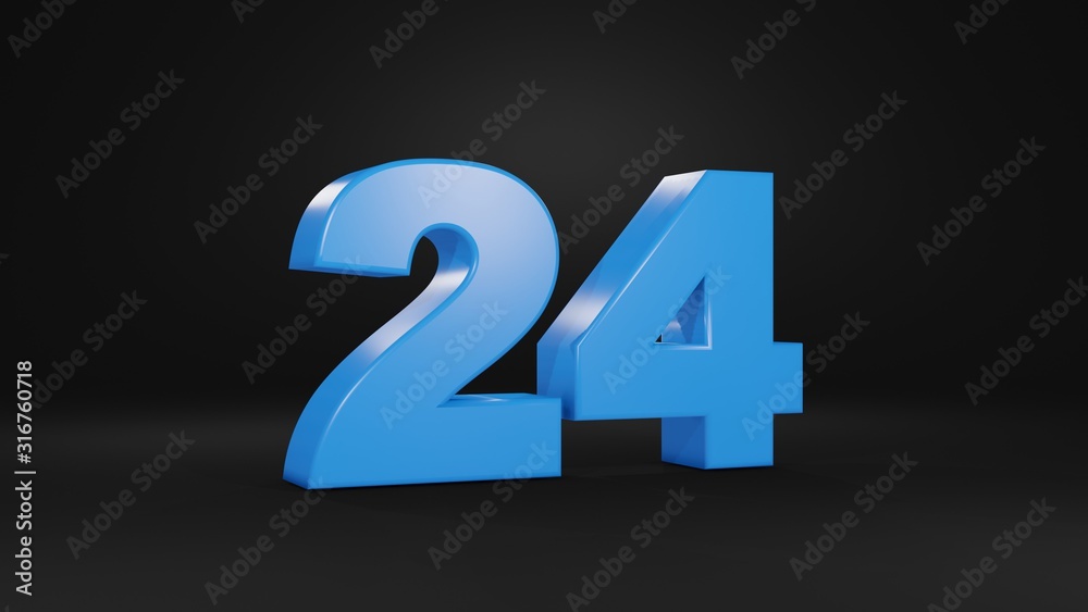 Number 24 in blue on black background, 3D illustration Number 24 in blue on black background, 3D illustration