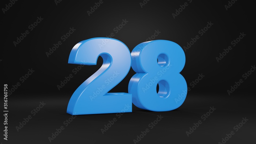 Number 28 in blue on black background, 3D illustration Number 28 in blue on black background, 3D illustration