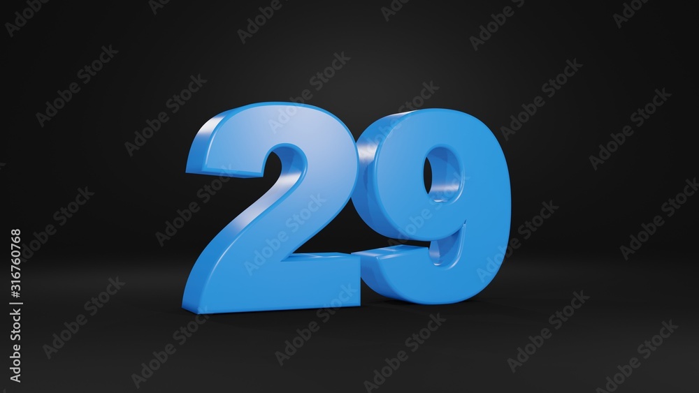 Number 29 in blue on black background, 3D illustration Number 29 in blue on black background, 3D illustration