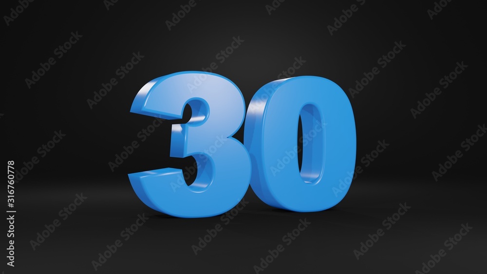 Number 30 in blue on black background, 3D illustration Number 30 in blue on black background, 3D illustration