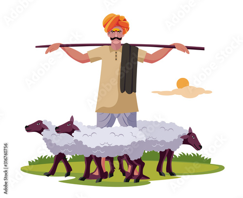 Dhangar, indian shepherd with sheep vector
